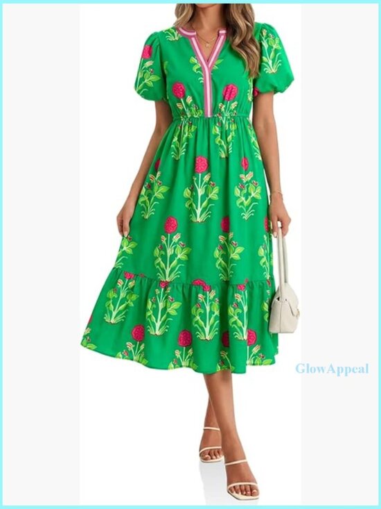 Dresses & Skirts - Summer Maxi Dress Floral Print A-Line Puff Sleeve V-Neck Boho Beach